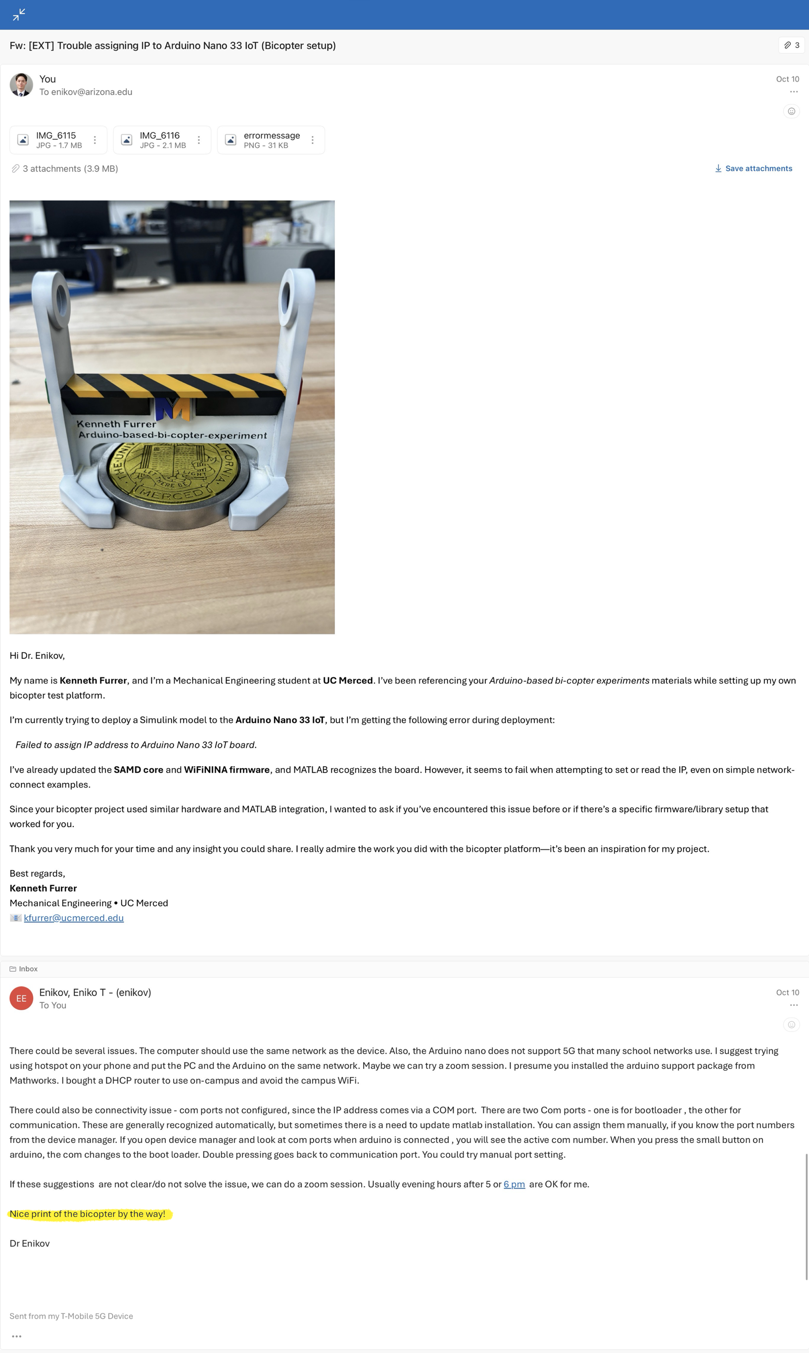 Email feedback from Dr. Enikov about the bicopter print