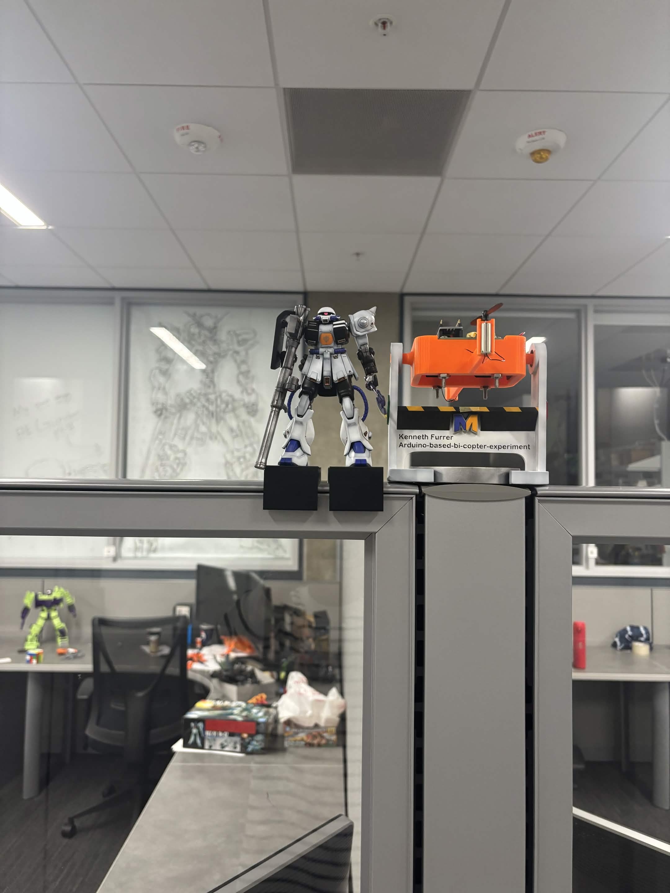 Bicopter displayed in the UC Merced engineering research workspace